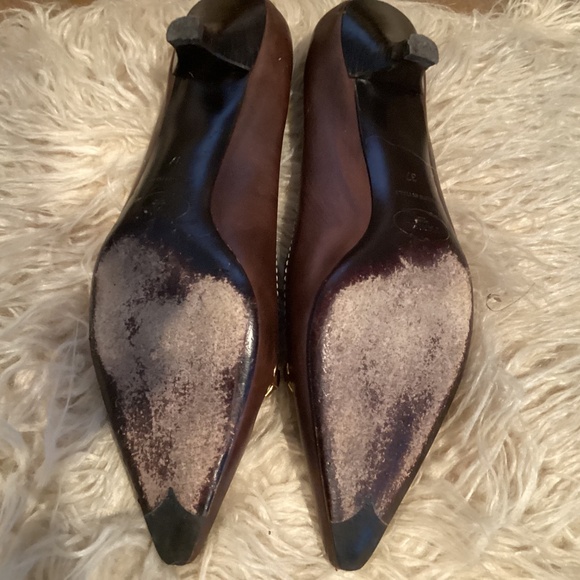 Prada Women Pointed Toe Kitten Heel Leather Pumps,Size (37)6,Color Brown Preown - Picture 4 of 4